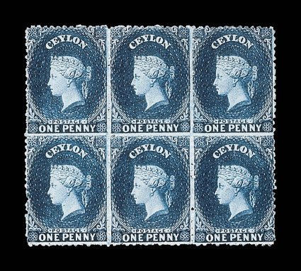 1d. dull blue block of six (3x2), unused with part or large part original gum, fine. Sc. 46d S.G. 63. provenance: Sir Ernest de Silva, January 1959 P.C. Pearson, April
1983