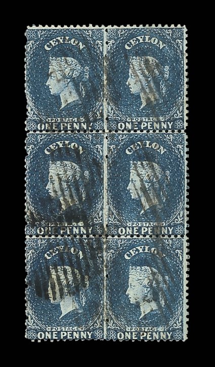 1d. dull blue block of six (2x3), cancelled by oval of bars, the right-hand strip with pressed vertical crease, otherwise fine. Sc. 46d S.G. 63.
