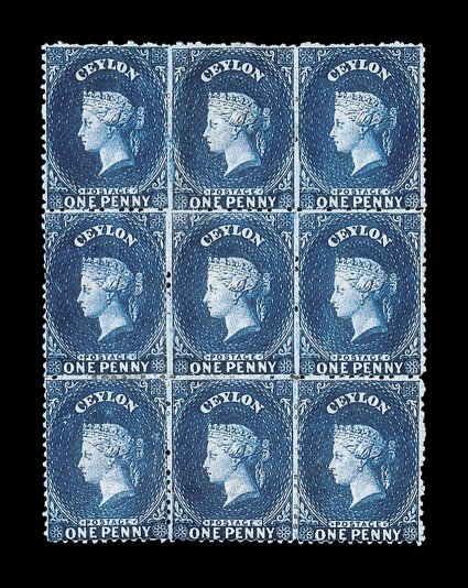 1d. deep blue block of nine, unused without gum, some perf reinforcement and the lower left stamp defective, otherwise fine. R.P.S. Certificate (2002). Sc. 46e S.G.
63b.