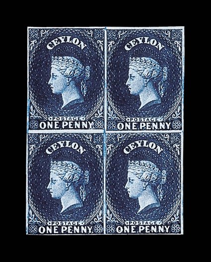 1d. deep blue block of four, variety imperforate, fine unused with large part original gum. Unlisted in Scott S.G. see footnote after S.G. 72.