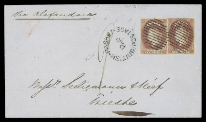1857 (26 June) entire letter from Colombo to Trieste, bearing very fine 6d. purple-brown pair with good to large margins, both centrally cancelled by oval of bars, showing fine
british-packetpaidpostage circular handstamp alongside, red c