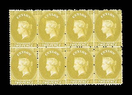 2d. olive-bistre with watermark inverted, a block of eight (4x2), unused without gum, well-centered and of lovely color, fine. R.P.S. Certificate (2002). Sc. 49e S.G. 64cw.
provenance: G.H. Boucher, June 1953