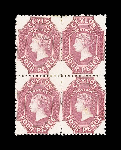 4d. rose block of four, unused with part original gum, fresh and fine. A rare multiple. Sc. 50b S.G. 65.