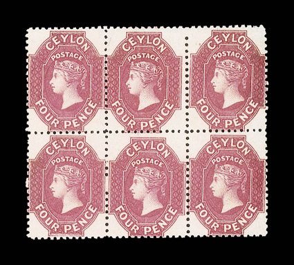 4d. rose-carmine block of six (3x2), fresh and fine unused with large part or full original gum. Sc. 50c S.G.65b.