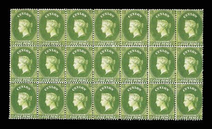 5d. olive-green, a brilliant block of twenty-one (7x3), fresh and fine unused with large part or full original gum. Sc. 52b S.G. 66b. provenance: Sir Ernest de Silva, January
1959