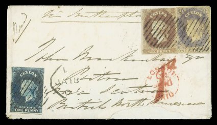 1857 (14 Dec.) envelope from Colombo to Pictou, Nova Scotia bearing 6d. purple-brown (small to large margins on three sides, cut-into at top) with 1857 1d. blue (margins on two
sides) and 1- slate-violet (small tear at lower right), each neatly