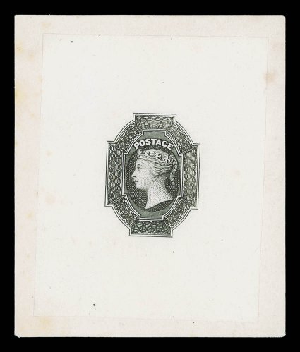 Master design as used for the 4d., 8d., 9d., 19d. and 2- values, taken from the Tasmania 6d. die with the words tasmania and sixpence obliterated by engine turning but still
visible, in black on India paper (48x60mm.) affixed to thi