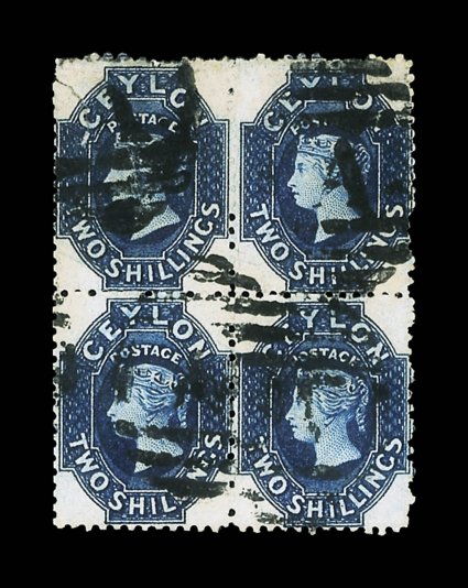 2- deep blue block of four, each cancelled by slightly heavy A obliterator top left stamp with tear but a very rare multiple. Sc. 58a S.G. 72b.