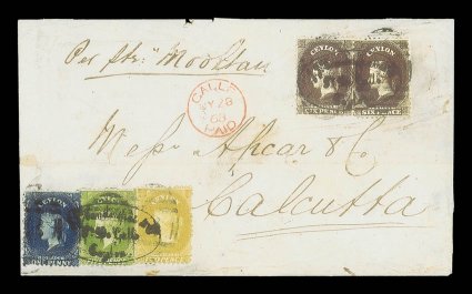 1868 (28 July) quadruple rate entire from Galle to Calcutta, marked Per Str Mooltan, bearing 1d. deep blue, 2d. ochre, 5d. yellow-olive and two 6d. deep brown, all crossed by
firms cachet and cancelled by B obliterator, showing fine g