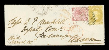 1869 (24 Mar.) envelope from Galle to Assam, bearing 2d. ochre and 1867 3d. bright rose, both clearly tied by B obliterator, showing gallepaid c.d.s. in red and, on reverse,
Calcutta transit d.s. (1.4) in blue the envelope with small re