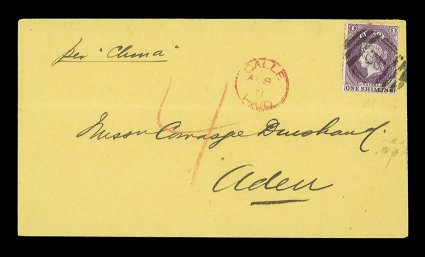 1871 (8 Apr.) double rate envelope from Galle to Aden, marked per China, bearing 1- reddish violet clearly tied by B obliterator, showing red crayon 4, gallepaid c.d.s. in red
and, on reverse, Aden Steamer Point datestamp (2