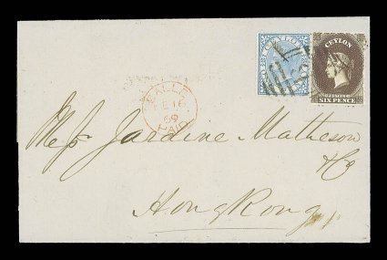 1869 (16 Feb.) entire from Galle to Hong Kong, bearing 6d. deep brown (pulled perf. at right) and 1868 1d. blue, both with short manuscript pen stroke and cancelled by B
obliterator, showing gallepaid c.d.s. in red with, on reverse, send