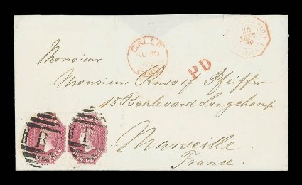 1869 (30 Aug.) envelope from Galle to Marseilles, bearing 4d. rose-carmine pair affixed at lower left and tied by B obliterator, showing gallepaid c.d.s., unframed pd and
French maritime datestamp, all in red, with arrival datestam