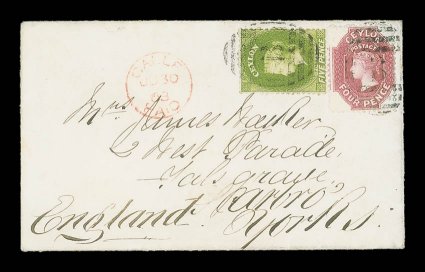 1868 (30 June) envelope from Galle to Scarborough, bearing 4d. rose and 5d. yellow-olive, both neatly cancelled by B obliterator, showing gallepaid c.d.s. in red with arrival
datestamp (1.8) on reverse. A neat and most attractive frankin