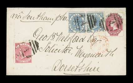 1870 (22 Mar.) envelope ex the Welsford correspondence from Colombo to Weymouth, marked via Southampton, bearing 4d. rose-carmine with 1867-68 1d. blue (2, one damaged) and 4d.
carmine-rose, all cancelled by A obliterator, showing <
