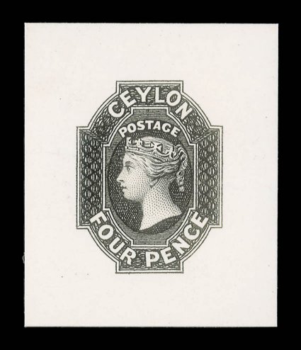 4d. in black on India paper backed on card (34x41mm.) horizontal bend has slightly split the India paper at right, otherwise fine. Very rare. provenance: P.C. Pearson, April
1983