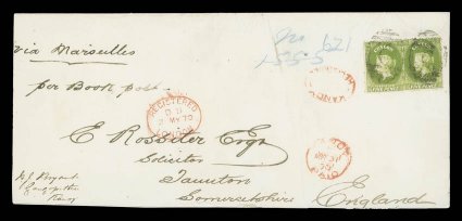 1870 (31 Mar.) envelope (226x101mm. slightly truncated at left) registered from Kandy to Taunton, marked via Marseilles and per Book post, bearing 5d. yellow-olive pair tied by
C obliterator, showing kandypaid c.d.s., the ve