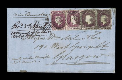 1871 (4 Mar.) quadruple rate entire from Colombo to Glasgow, marked via Brindisi, bearing 1- reddish lilac strip of three and single cancelled by slightly heavy or smudged
Colombo duplex and showing arrival datestamp (1.4) on reverse one
