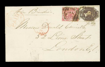 1871 (23 Aug.) entire from Galle to London, marked Via Brindisi, bearing 9d. blackish brown and 1867 3d. bright rose, both placed sideways sharing rectangular firms cachet and
cancelled by unclear obliterator, showing gallepaid and