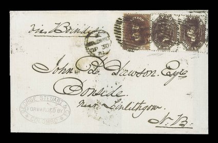 1871 (30 Sept.) double rate entire ex the Dawson correspondence from Colombo to Linlithgow, marked via Brindisi, bearing 6d. red-brown and 9d. deep brown pair, all tied by
Colombo duplex and showing arrival datestamp (30.10) on revers