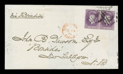 1871 (14 Oct.) double rate entire ex the Dawson correspondence from Colombo to Linlithgow, marked via Brindisi, bearing 1- reddish violet pair tied by A obliterator and showing
colombopaid c.d.s. in red alongside with clear
