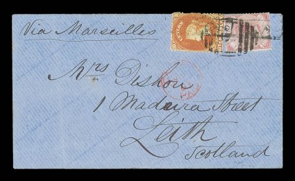 1868 (1 July) envelope from Galle to Leith, marked Via Marseilles, bearing 10d. orange and 1867 3d. carmine-rose, both affixed sideways with small part just over top edge, tied
by firms rectangular chop and B obliterator, showing gall