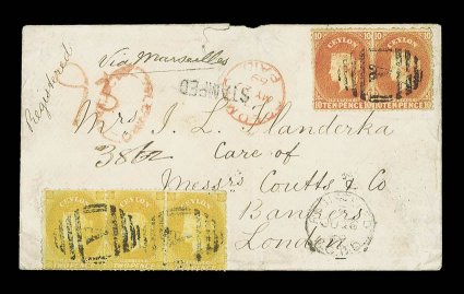1869 (29 May) double rate envelope registered from Colombo to London, marked Via Marseilles, bearing 2d. yellow strip of three affixed at lower left and 10d. orange pair with
the registration apparently paid in cash, both cancelled by A o