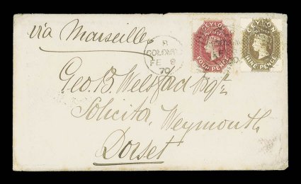 1870 (8 Feb.) envelope ex the Welsford correspondence from Colombo to Weymouth, marked Via Marseilles, bearing 4d. rose-carmine and 9d. bistre-brown, both tied by Colombo
duplex and showing clear arrival datestamp (7.3) on reverse. A