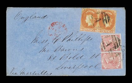 1870 (21 Feb.) double rate envelope from Colombo to Liverpool, marked Via Marseilles, bearing 10d. orange pair (one with corner crease) and 1867 3d. carmine-rose pair (one
defective), both cancelled by A obliterator, showing colombopa