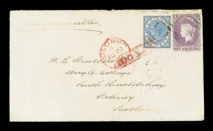 1870 (20 Aug.) envelope from Colombo to Orkney Islands, marked Via Marseilles, bearing 1- reddish lilac and 1868 1d. blue, both cancelled by light A obliterator and the 1d.
tied by framed too late, showing colombopaid c.d.s.