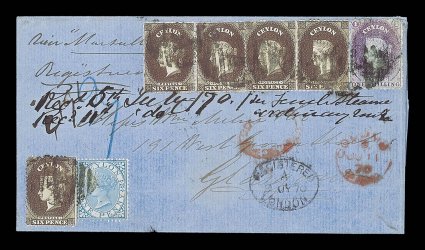 1870 (11 June) treble rate entire registered from Colombo to Glasgow, marked via Marseilles, bearing 6d. blackish brown pairs (2) and single, 1- reddish lilac and 1868 1d.
blue, all cancelled by slightly heavy and smudged A obliterator,