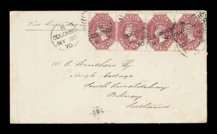 1870 (30 May) envelope from Colombo to Orkney Islands, marked Via Brindisi, bearing 4d. rose-carmine (4) tied by Colombo duplex and showing, on reverse, Thurso and Kirkwall
(27.6) datestamps the envelope with some fox spotting and with par