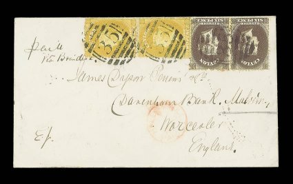 1870 (Nov.) envelope from Haldumulla to Malvern, marked paid via Brindisi, bearing 2d. bistre vertical pair and 6d. blackish brown horizontal pair, all clearly cancelled by 35
obliterator, showing legible haldummullapaid c.d.s. in