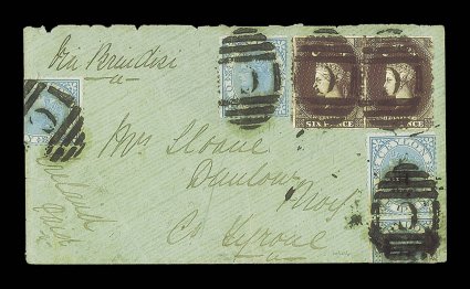1870 (28 Nov.) envelope from Kandy to Ireland, marked Via Brindisi, bearing 6d. dark brown pair and 1868 1d. blue vertical pair (partly affixed over lower edge) and singles (2,
one affixed over left edge and the other creased), each cancell