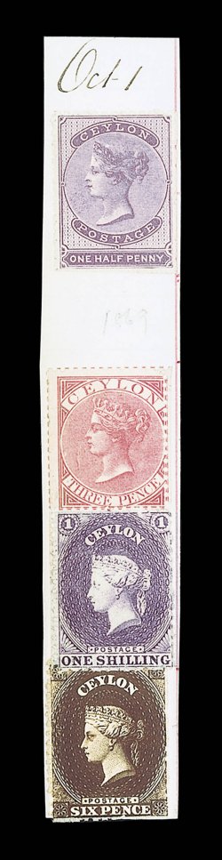 A piece bearing ½d. dull lilac (perfs cut off on two sides), 6d. deep brown, 1- reddish lilac and 1867 3d. carmine-rose, the piece dated Oct 1, fine.