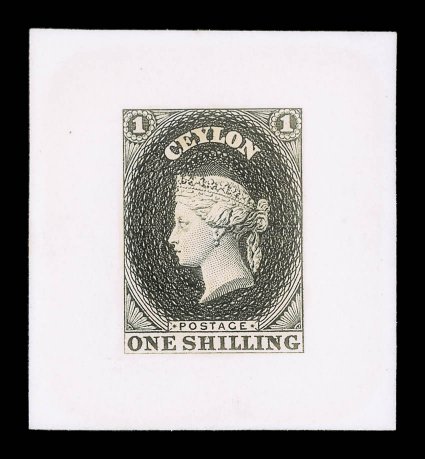 1- stamp-size in black on India paper affixed to card (40x44mm.), fine. Rare.