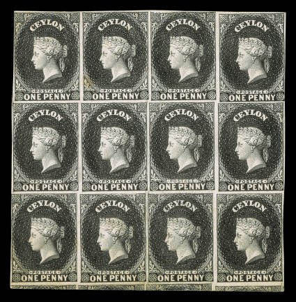 1d. in black on wove paper, a block of twelve [6-918-2130-33] with [32] showing re-entry, clear to large margins showing portions of the four adjoining stamps at foot light tone
spot on reverse and small thin at foot, neither affecting fine ap
