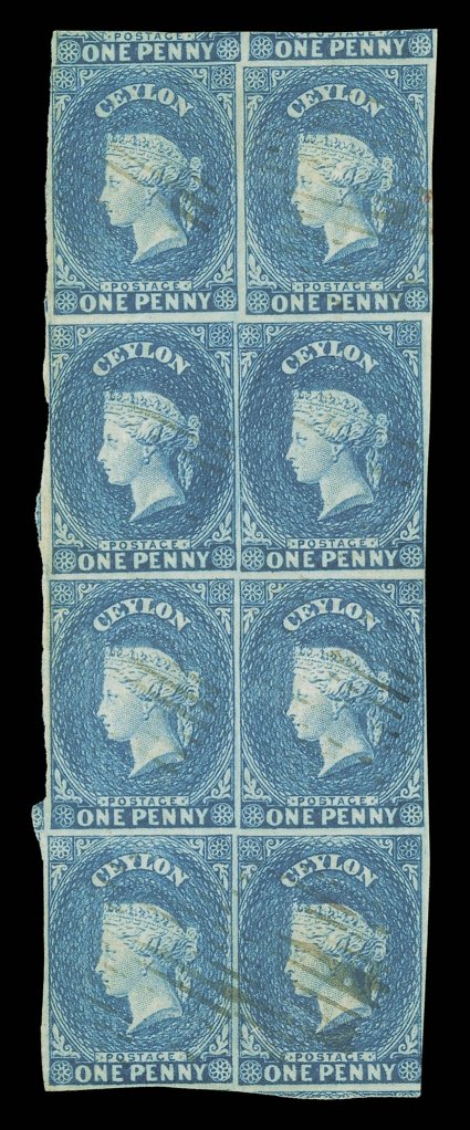 1d. deep turquoise-blue, a block of eight (2x4) with margins all round and showing large portions of the two adjoining stamps at top, each lightly cancelled by oval of bars some
pressed horizontal creases none of which affects the very fine appe