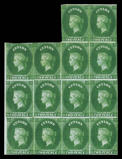 2d. green, an irregular block of fourteen from the left of a sheet, unused without gum and with margins virtually intact all round. Extremely fresh and fine, and one of the
largest known multiples. A spectacular showpiece of the highest order. R.