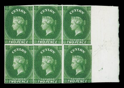 2d. deep green, a block of six (3x2) with large sheet margin at right and of superb color, unused with part to large part original gum, touched in two places the right vertical
pair with ironed-out vertical crease not affecting very fine appeara