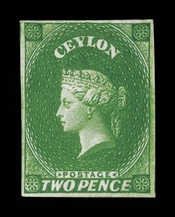 2d. yellowish green, unused without gum, good margins and of lovely color small natural paper inclusion above Queens head. A choice example of this scarce shade. Sc. 4a, S.G.
3a, £500.