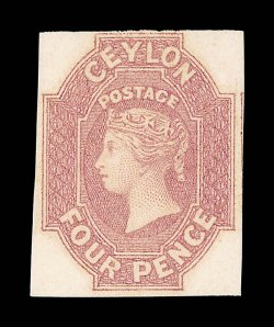 4d. dull rose, a magnificent example with large part original gum, wonderful deep color and with margins all round showing portion of adjoining stamp at right, perfect in every
respect. Undoubtedly the finest mint example in existence and the Cro