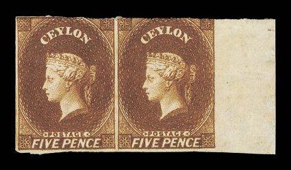 5d. chestnut, a horizontal pair from the right of a sheet, unused with part original gum and of lovely rich color, slightly cut-into at top, large margins on other sides a
little creased. Very rare, the largest known multiple, only a few pairs r