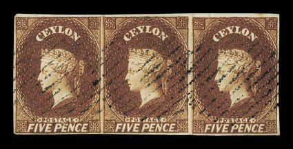 5d. chestnut, a horizontal strip of three with good to large margins and lightly cancelled. The largest recorded multiple, of which this is one of two known. A superb and
beautiful piece. R.P.S. Certificate (1989). Sc. 6, S.G. 5. provenance: