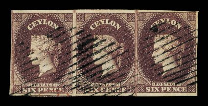 6d. purple-brown, a horizontal strip of three with good to large margins and neatly cancelled, some light creases not affecting very fine appearance. A rare multiple being one
of two recorded of which this is the finer. R.P.S. Certificate (1989).