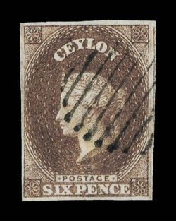 6d. brown with small to large margins showing portion of adjoining stamp at upper right and neatly cancelled. A very fine example of this scarce shade. R.P.S. Certificate
(1970). S.G. 7, S.G. 6a, £475.