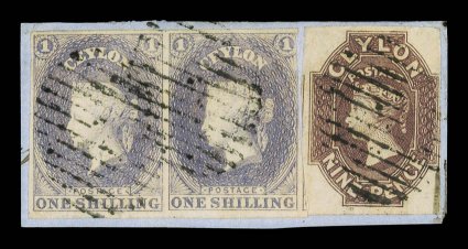 9d. purple-brown with large margins on three sides, outer frameline cut-into at right, used on small piece with 1- slate-violet pair (good to large margins on three sides, just
cut-into at right), each neatly cancelled by oval of bars the 9d. w