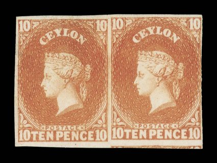 10d. dull vermilion horizontal pair, unused without gum, close or touched at right, large margins on other sides showing portion of adjoining stamp at foot small marginal
scissor-cut at lower left and the left-hand stamp with small thin and clos