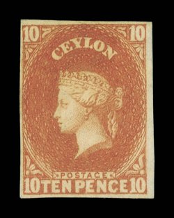 10d. dull orange-vermilion, good strong color, unused with part original gum, small to large margins, fine. B.P.A. Certificate (1979). Sc. 10, S.G. 9, £800. provenance: M.
Burrus, April 1963