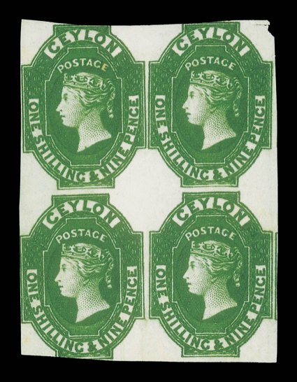 19d. green, a block of four of good strong color, large part original gum, cut-into at top and at foot small scissor-cut at top right, and the right-hand pair with light
vertical crease, otherwise fine. A unique multiple and one of the major
